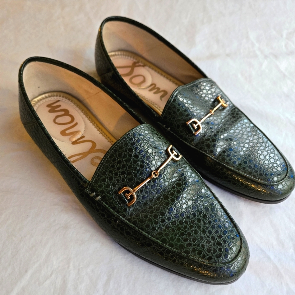 Sam Edelman Loraine Deep Green Emerald Pebbled Croco Almond Toe Loafer 8.5